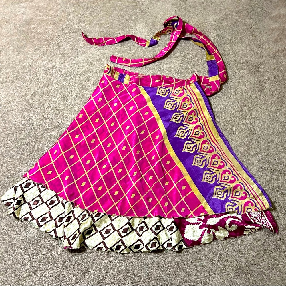 Darn Good Yarn Sari Silk Wrap Skirt Reversible Tea Lengh Size 0-20